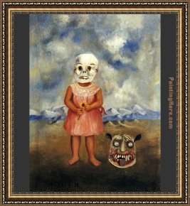 Girl at Piano Framed Paintings - Girl with Death Mask by Frida Kahlo