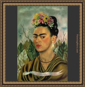 Frida Framed Paintings - Self Portrait with Thorn Necklace by Frida Kahlo
