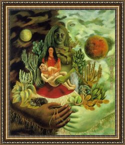 Love Framed Paintings - The Love Embrace of the Universe the Earth Mexico Me Diego and Mr Xolotl by Frida Kahlo