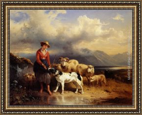 Totes Meer Mit Moabitergebirge, Abendstimmung Framed Paintings - Baeurnmadchen mit Schafherde by Friedrich Gauermann