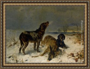 A Hunting Morn Framed Paintings - Two Hunting Dogs with Their Catch by Friedrich Otto Gebler