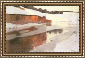 Building Framed Paintings - A Factory Building near an Icy River in Winter by Fritz Thaulow