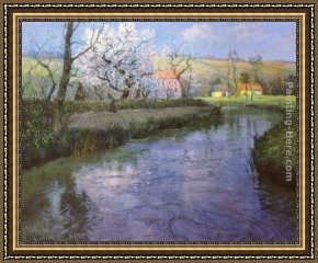 French Framed Paintings - A French River Landscape by Fritz Thaulow