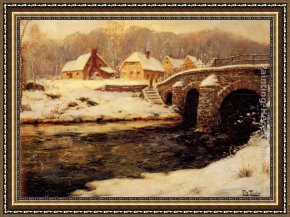 Stone Framed Paintings - A Stone Bridge Over A Stream In Winter by Fritz Thaulow