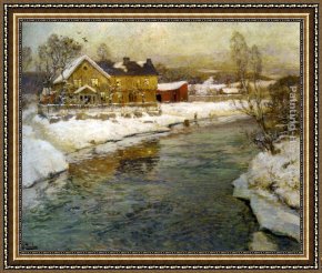 Snow Framed Paintings - Cottage by a Canal in the Snow by Fritz Thaulow