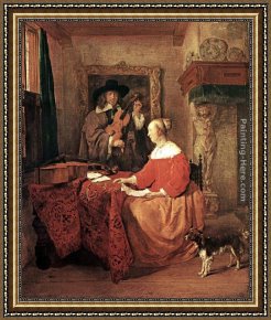 Lovers Man And Woman Framed Paintings - A Woman Seated at a Table and a Man Tuning a Violin by Gabriel Metsu