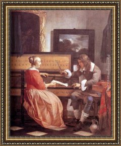 Lovers Man And Woman Framed Paintings - Man and Woman Sitting at the Virginal by Gabriel Metsu