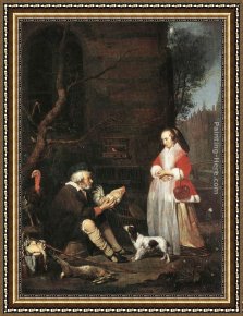 Ponies, a Calf And Poultry in a Farmyard Framed Paintings - Poultry Seller by Gabriel Metsu