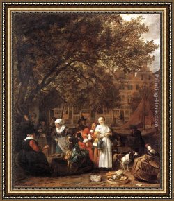 A View of Amsterdam Market Framed Paintings - Vegetable Market in Amsterdam by Gabriel Metsu