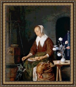Feeding Framed Paintings - Woman Eating and Feeding her Cat by Gabriel Metsu