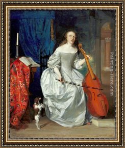 Playing Framed Paintings - Woman Playing the Viola da Gamba by Gabriel Metsu
