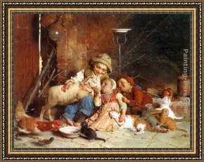 Ponies, a Calf And Poultry in a Farmyard Framed Paintings - Farmyard Rascals by Gaetano Chierici
