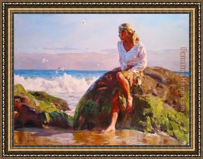 Garmash Framed Paintings - GAZING AT THE WAVES by Garmash