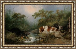 Song of The Dog Framed Paintings - Three Dogs by a Brook by George Armfield