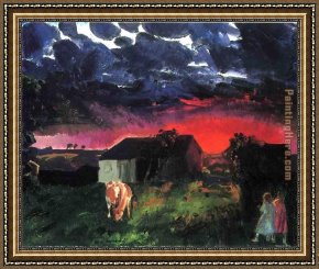 The Sun Shower Framed Paintings - Red Sun by George Bellows