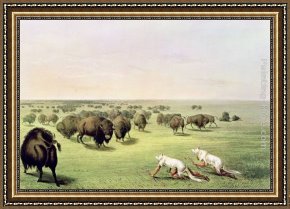 A Hunting Morn Framed Paintings - Hunting Buffalo Camouflaged with Wolf Skins, circa 1832 by George Catlin