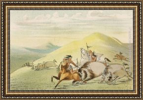 A Hunting Morn Framed Paintings - Native American Sioux Hunting Buffalo on Horseback by George Catlin