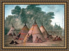 Village in The Snow Framed Paintings - Sioux Village by George Catlin