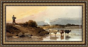 Cattle in a Pasture Framed Paintings - An Indian Herdsman On A Bank, Cattle Watering In A River Below by George Chinnery