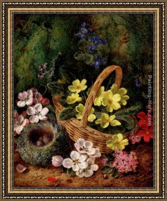 Birds Framed Paintings - Apple Blossom And A Bird's Nest On A Mossy Bank by George Clare