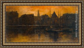 A View of Amsterdam Market Framed Paintings - A View of the Prins Hendrikkade with the Schreierstoren, Amsterdam by George Hendrik Breitner