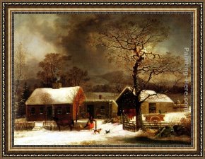 A Farmyard Scene in Winter Framed Paintings - Winter Scene in New Haven by George Henry Durrie