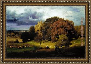 Pheasants Through The Oak Wood Framed Paintings - Autumn Oaks by George Inness