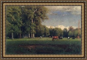 Cattle in a Pasture Framed Paintings - Landscape with Cattle by George Inness
