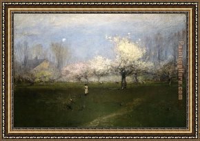 Spring Blossoms Along a Meandering River Framed Paintings - Spring Blossoms New Jersey by George Inness