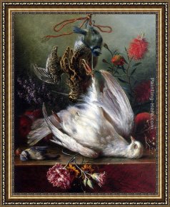 Julius Jacobus Van De Sande Bakhuyzen Framed Paintings - A Still Life With Birds, Carnations, Lilacs, Apples And A Pomegranate by George Jacobus Johannes Van
