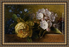 Julius Jacobus Van De Sande Bakhuyzen Framed Paintings - Flowers on a Ledge by George Jacobus Johannes Van