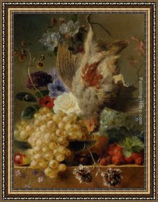 Julius Jacobus Van De Sande Bakhuyzen Framed Paintings - Grapes Strawberries Chestnuts an Apple and Spring Flowers by George Jacobus Johannes Van