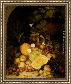 Still Life with Melon And Peaches Framed Paintings - Still Life With Peaches, Plums, Strawberries And Tropical Fruits In An Architectural Miche by George Lance