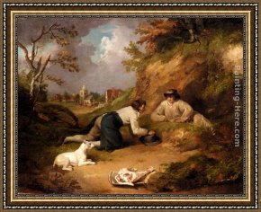 A Hunting Morn Framed Paintings - Two Men Hunting Rabbits With Their Dog, A Village Beyond by George Morland