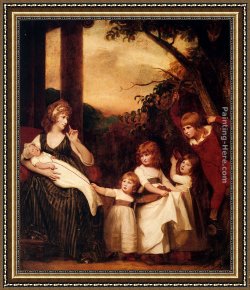 George Romney Framed Paintings - Portrait Of Charlotte Bosanquet With Her Five Elder Children by George Romney