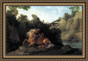 Group of Horses Framed Paintings - Lion Devouring a Horse by George Stubbs