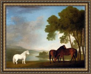 Lord Rivers' Roan Mare in a Landscape Framed Paintings - Two Bay Mares And A Grey Pony In A Landscape by George Stubbs