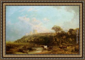 Cattle in a Pasture Framed Paintings - Cattle watering Windsor Castle beyond by George Vicat Cole