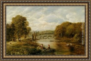 A Shepherd And His Dog Guarding a Flock of Sheep Framed Paintings - Shepherds Driving their Flock by George William Mote