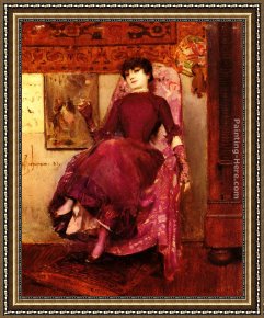 Portrait De La Femme D'artiste Entrant Dans La Serre Framed Paintings - Portrait De L'Epouse De L'Artiste Dans L'Atelier by Georges Antoine Rochegrosse