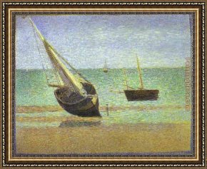 Boat Framed Paintings - Boats Bateux maree basse Grandcamp by Georges Seurat