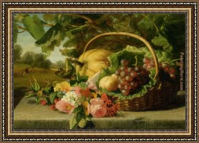 Julius Jacobus Van De Sande Bakhuyzen Framed Paintings - A still life with flowers grapes and a melon by Geraldine Jacoba Van De Sande Bakhuyzen