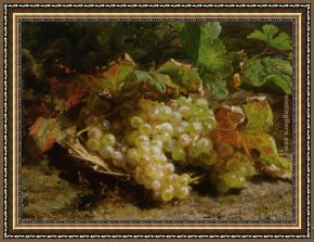 Julius Jacobus Van De Sande Bakhuyzen Framed Paintings - A still life with grapes in a basket by Geraldine Jacoba Van De Sande Bakhuyzen