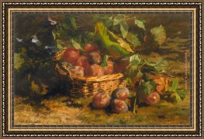 Julius Jacobus Van De Sande Bakhuyzen Framed Paintings - Still life with Plums in a Basket by Geraldine Jacoba Van De Sande Bakhuyzen