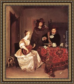 Lovers Man And Woman Framed Paintings - A Young Woman Playing a Theorbo to Two Men by Gerard ter Borch