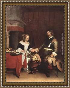 Lovers Man And Woman Framed Paintings - Man Offering a Woman Coins by Gerard ter Borch