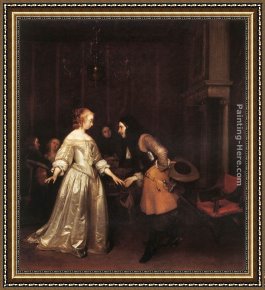 Dancing in The Wind Framed Paintings - The Dancing Couple by Gerard ter Borch