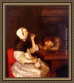 Sleeping Framed Paintings - Woman Drinking with a Sleeping Soldier by Gerard ter Borch