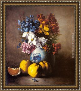 Floral Still Life in a Blue And White Porcelain Vase Framed Paintings - A Still Life with a Vase of Flowers and Fruit by Germain Theodure Clement Ribot