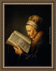 Reading a Book Framed Paintings - Old Woman Reading a Lectionary by Gerrit Dou